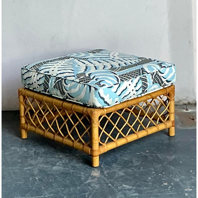 Vintage Boho Bielecky Brothers Trellis Rattan Ottoman in Alan Campbell “Ferns” - Top view