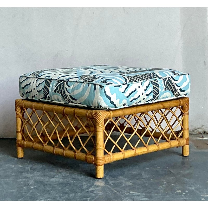 Vintage Boho Bielecky Brothers Trellis Rattan Ottoman in Alan Campbell “Ferns” - Side view