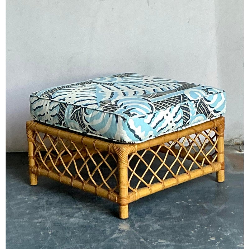 Vintage Boho Bielecky Brothers Trellis Rattan Ottoman in Alan Campbell “Ferns” - Back view