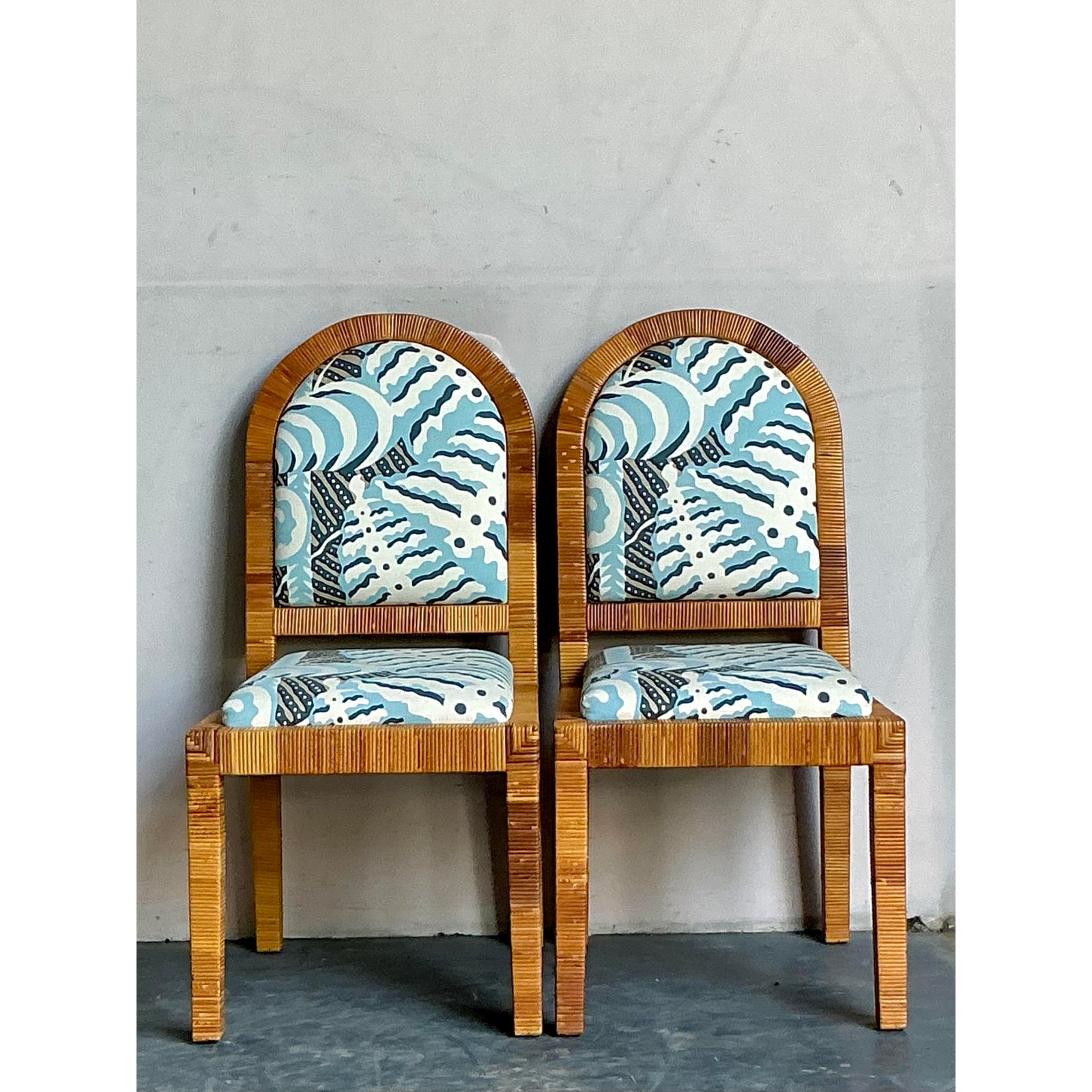 Vintage Boho Bielecky Brothers Wrapped Rattan Dining Chairs in Alan Campbell “Ferns” - A Pair - Side view