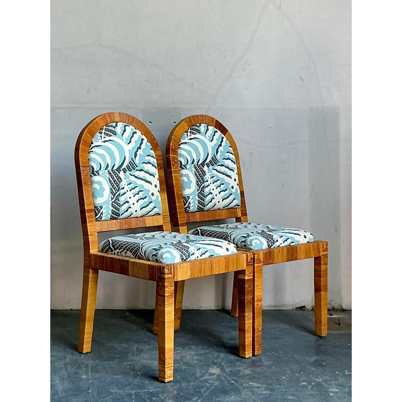 Vintage Boho Bielecky Brothers Wrapped Rattan Dining Chairs in Alan Campbell “Ferns” - A Pair - Top view