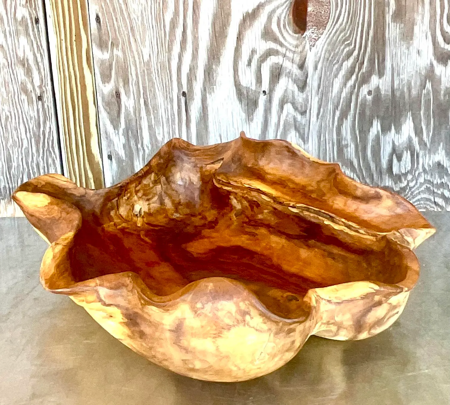 Vintage Boho Biomorphic Wooden Bowl - Side view