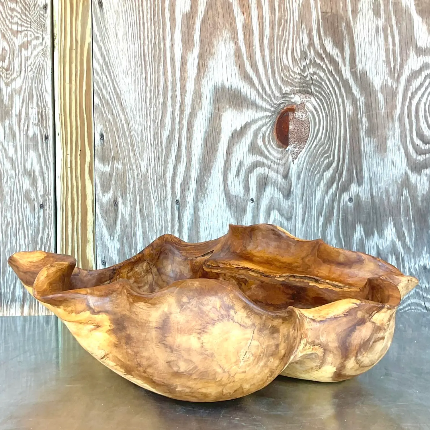 Vintage Boho Biomorphic Wooden Bowl - Back view