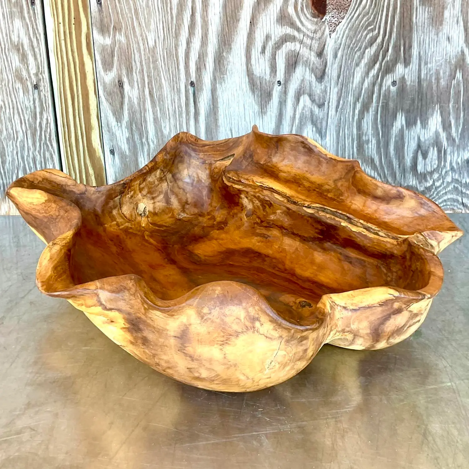 Vintage Boho Biomorphic Wooden Bowl - Top view