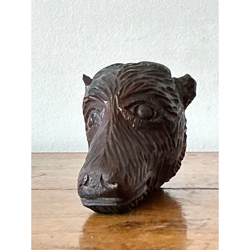 Vintage Boho Black Forest Carved Boar Head - Back view