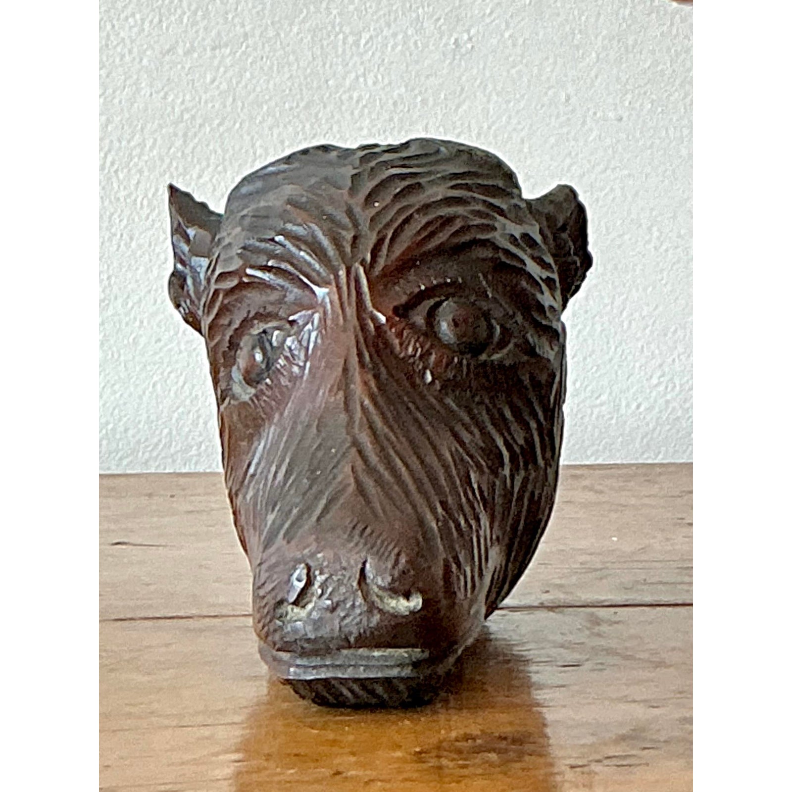 Vintage Boho Black Forest Carved Boar Head - Side view