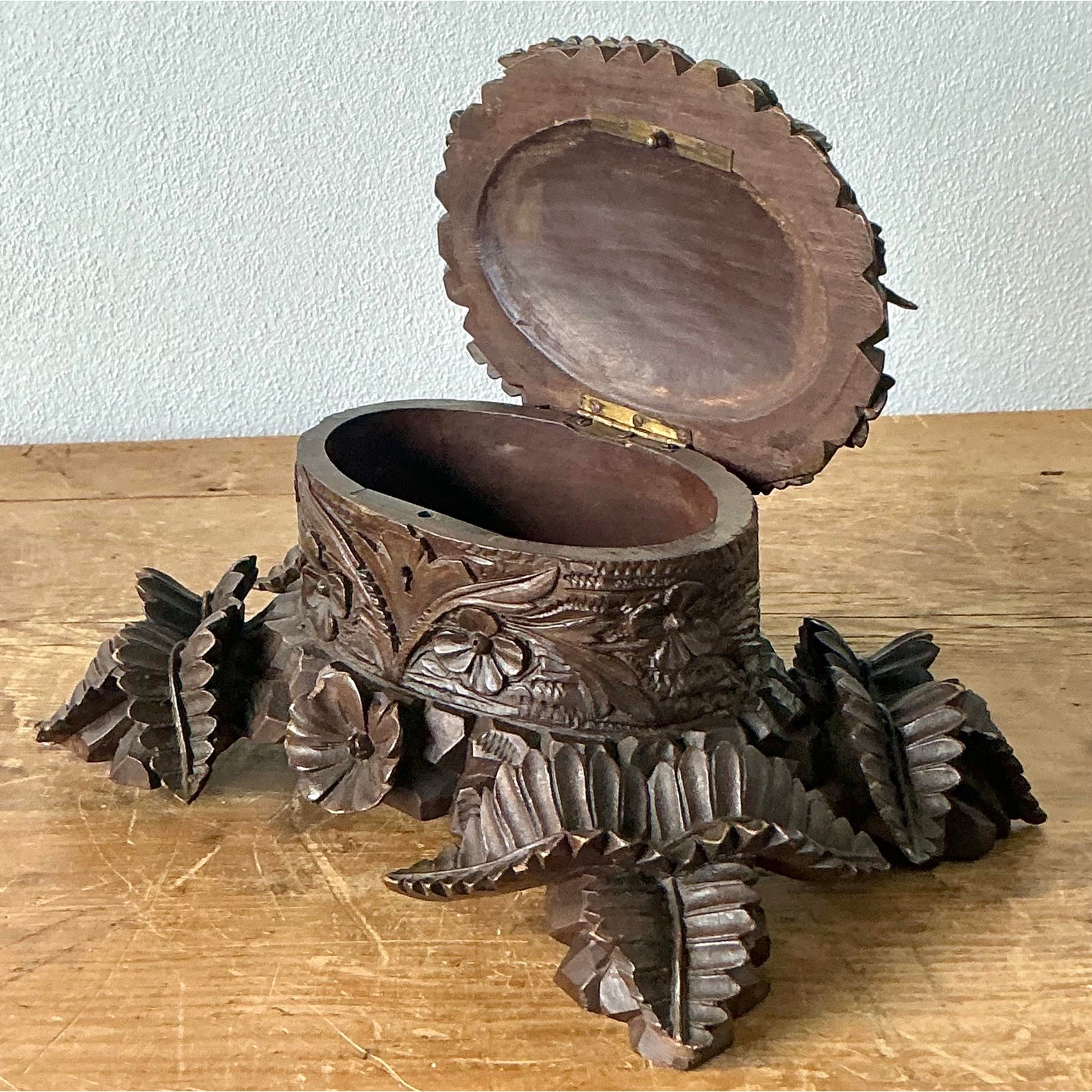Vintage Boho Black Forest Hand Carved Casket Box - Side view