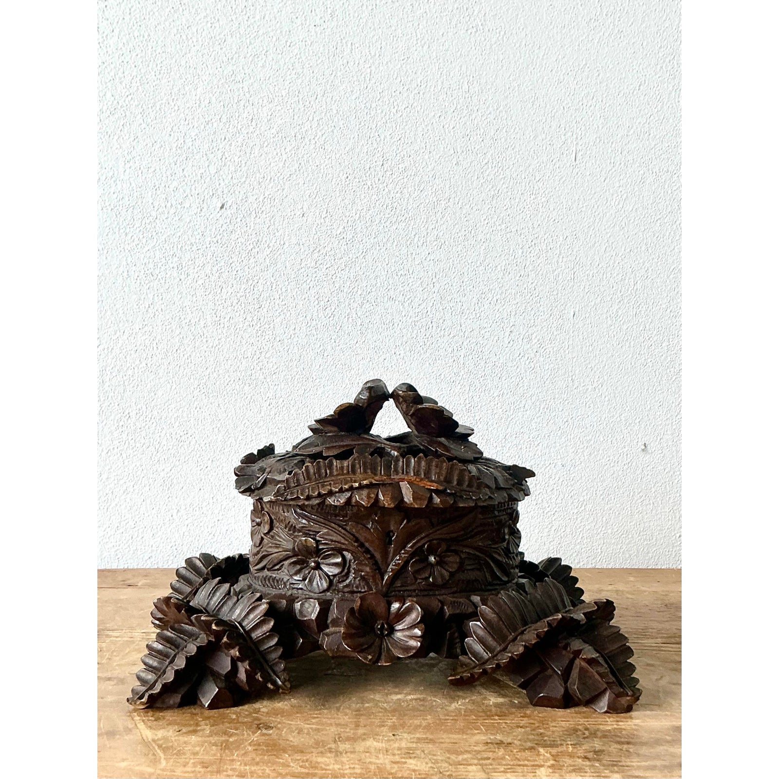 Vintage Boho Black Forest Hand Carved Casket Box - Top view