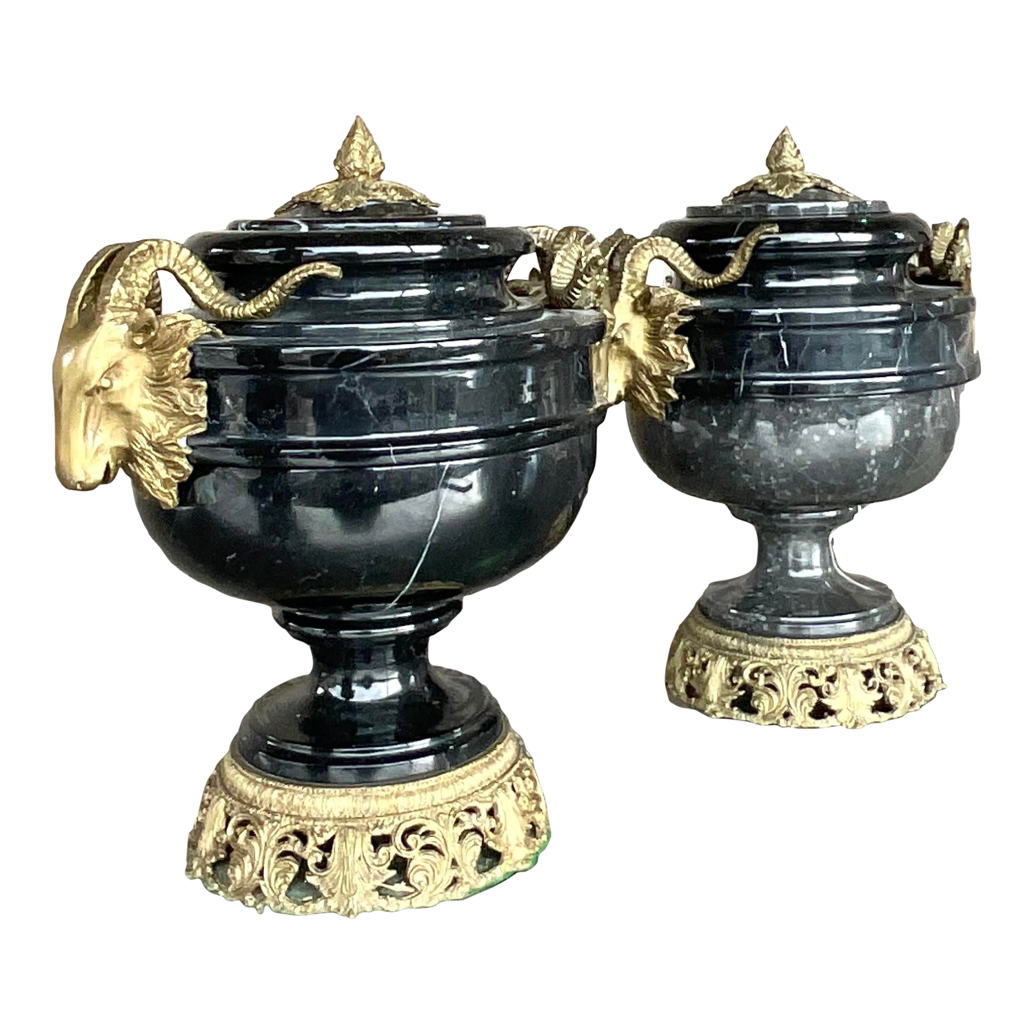 Vintage Boho Black Marble and Brass Ram’s Head Lidded Urns - a Pair