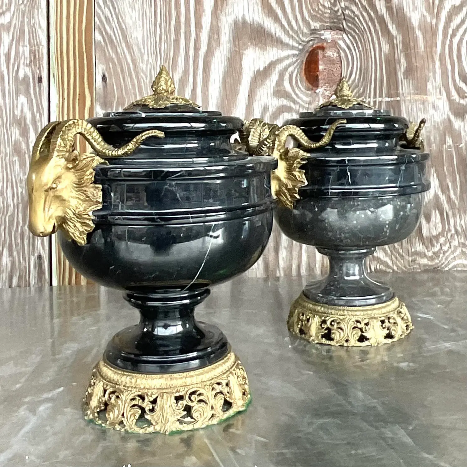 Vintage Boho Black Marble and Brass Ram’s Head Lidded Urns - a Pair - Detail view