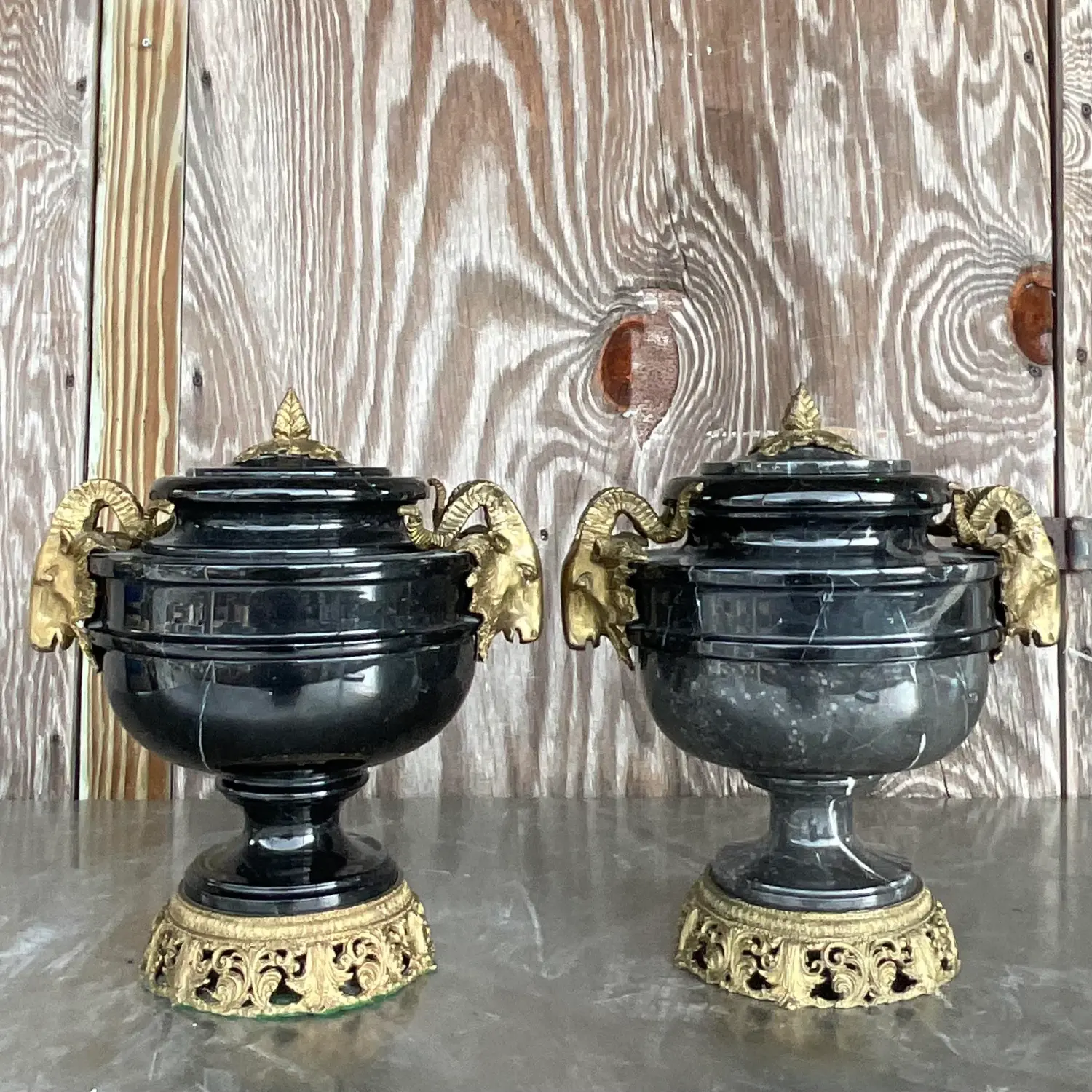 Vintage Boho Black Marble and Brass Ram’s Head Lidded Urns - a Pair - Back view