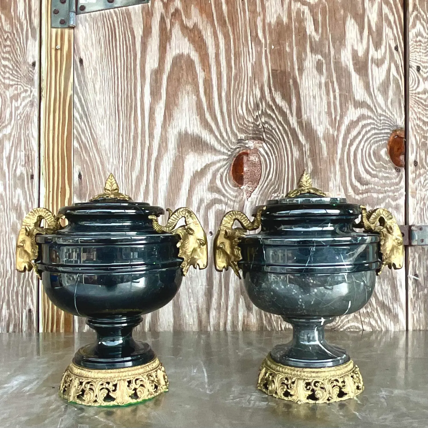 Vintage Boho Black Marble and Brass Ram’s Head Lidded Urns - a Pair - Side view