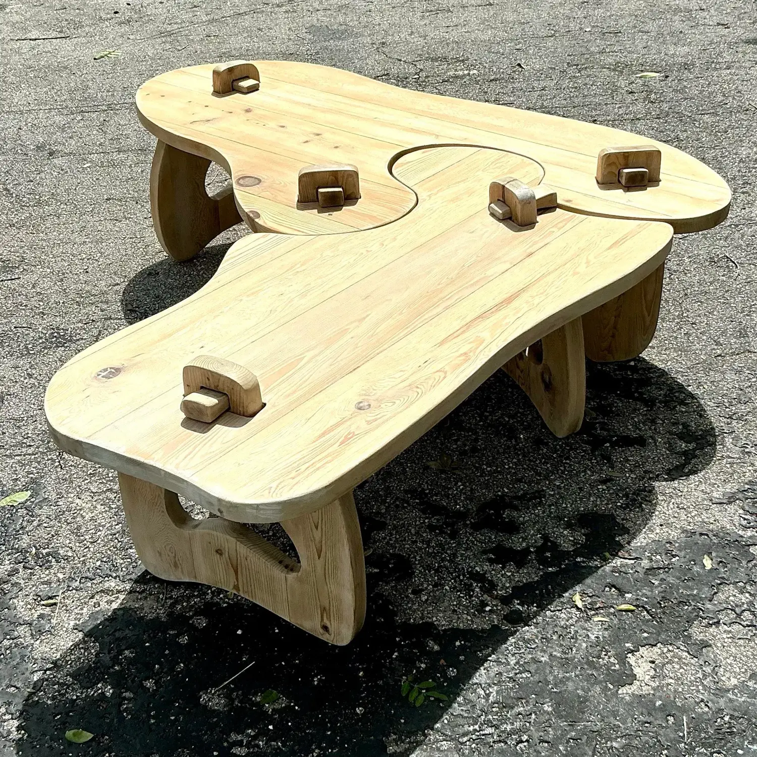 Vintage Boho Bleached Pine Puzzle Coffee Table - Top view