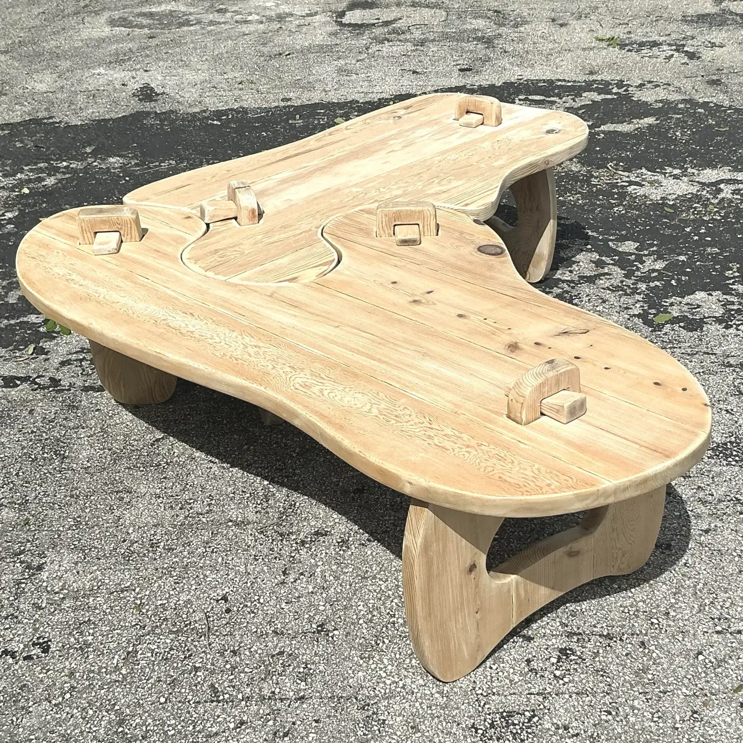 Vintage Boho Bleached Pine Puzzle Coffee Table - Back view
