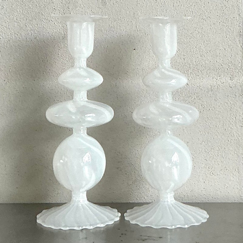 Vintage Boho Blown Glass Candlesticks After Murano - Back view