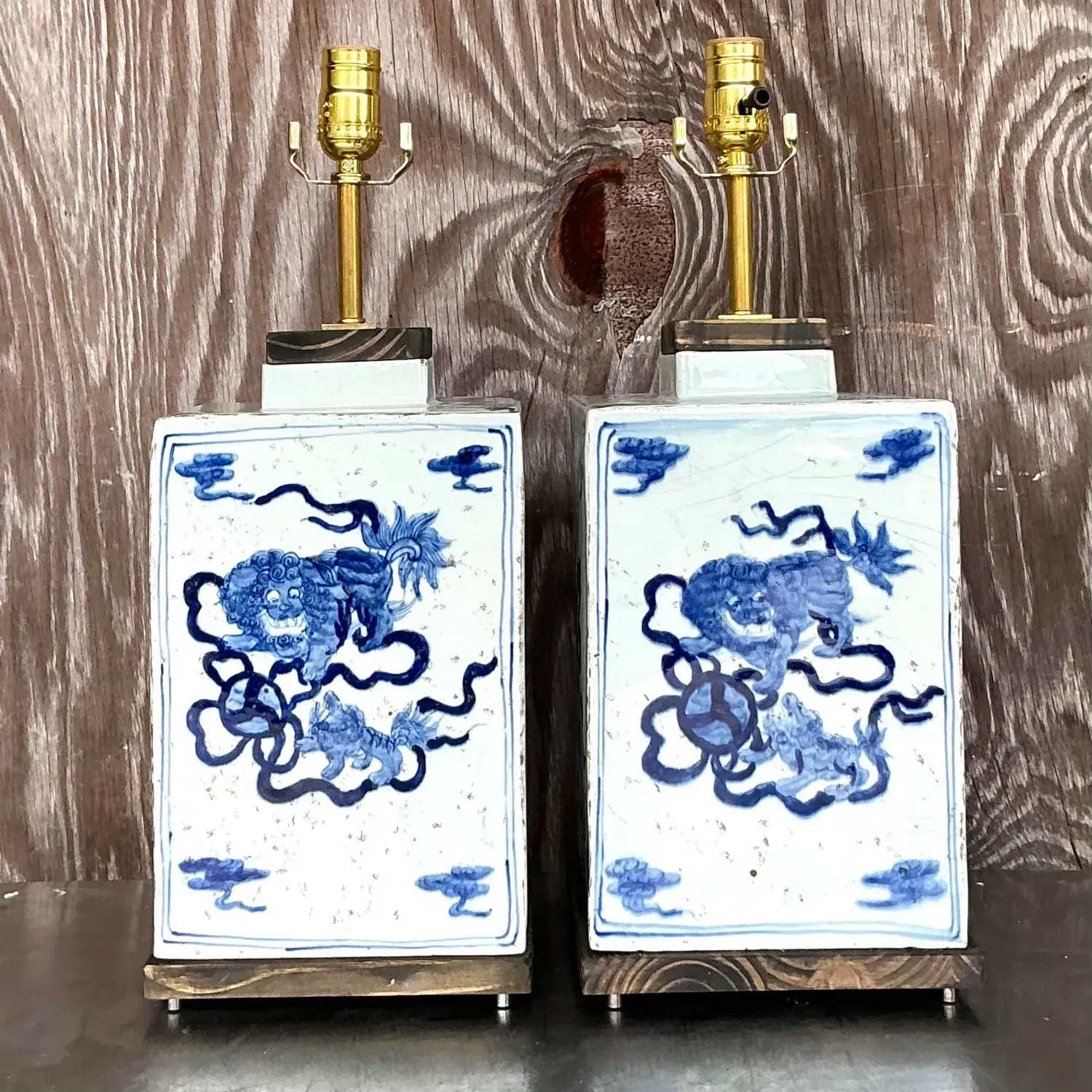 Vintage Boho Blue Dragon Lamps - a Pair - Detail view