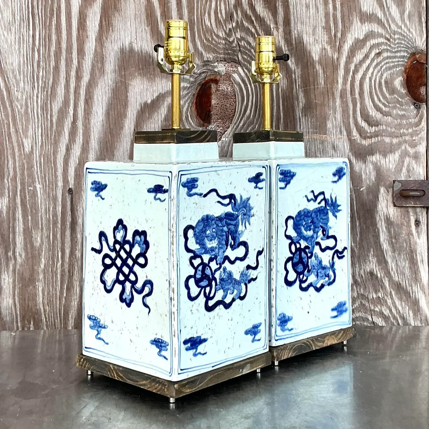 Vintage Boho Blue Dragon Lamps - a Pair - Top view