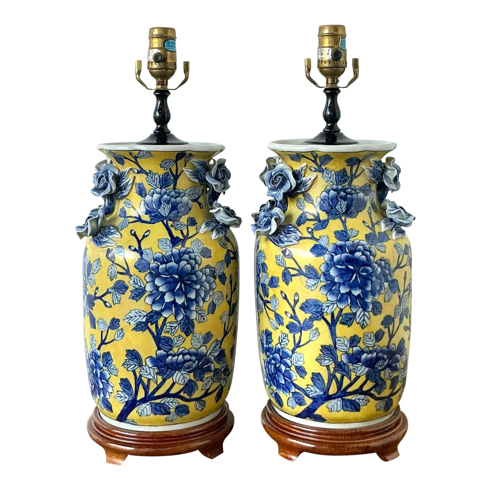 Vintage Boho Blue Rose Glazed Ceramic Vase Lamps - A Pair