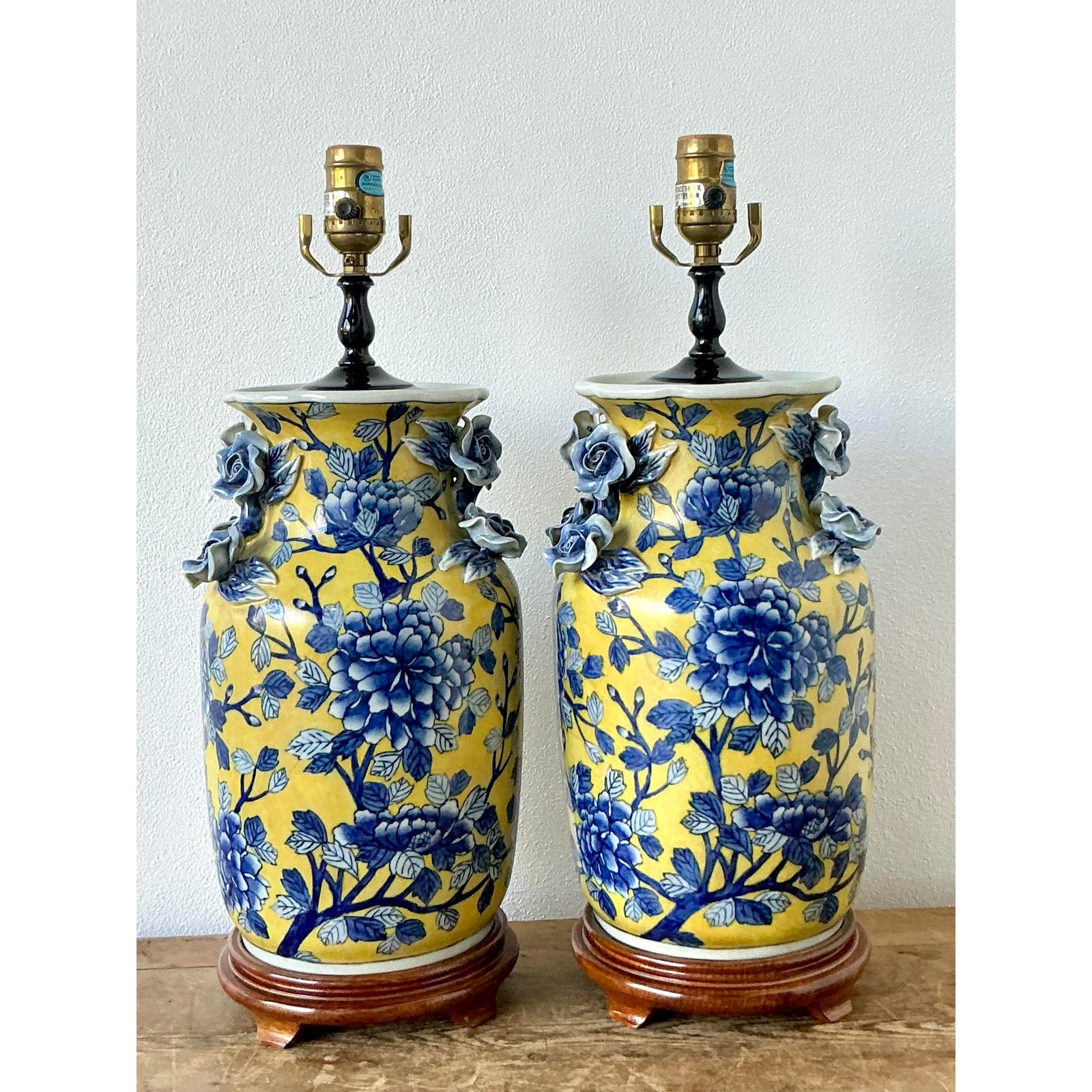 Vintage Boho Blue Rose Glazed Ceramic Vase Lamps - A Pair - Back view