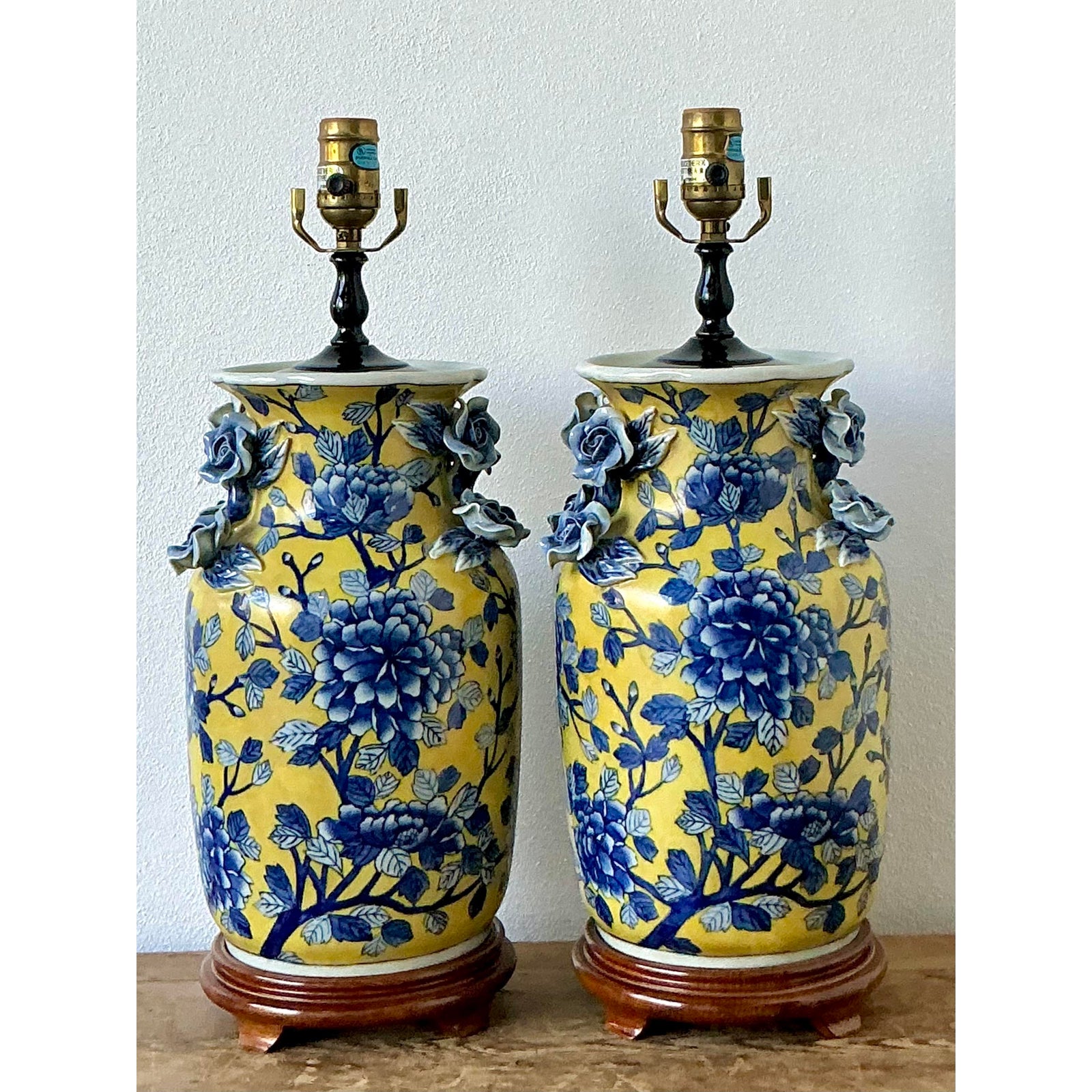 Vintage Boho Blue Rose Glazed Ceramic Vase Lamps - A Pair - Top view