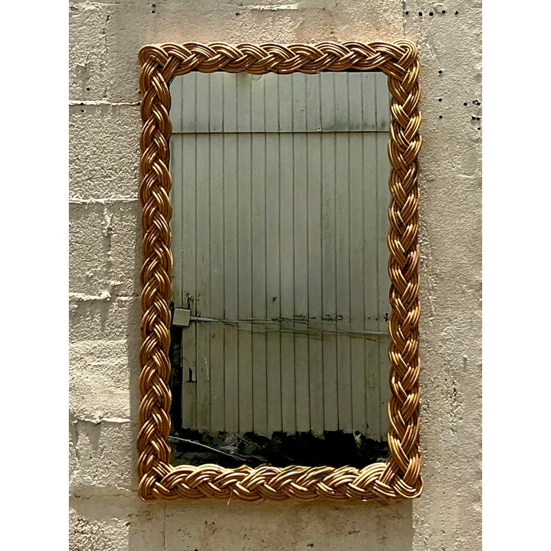 Vintage Boho Braided Rattan Mirror - Side view
