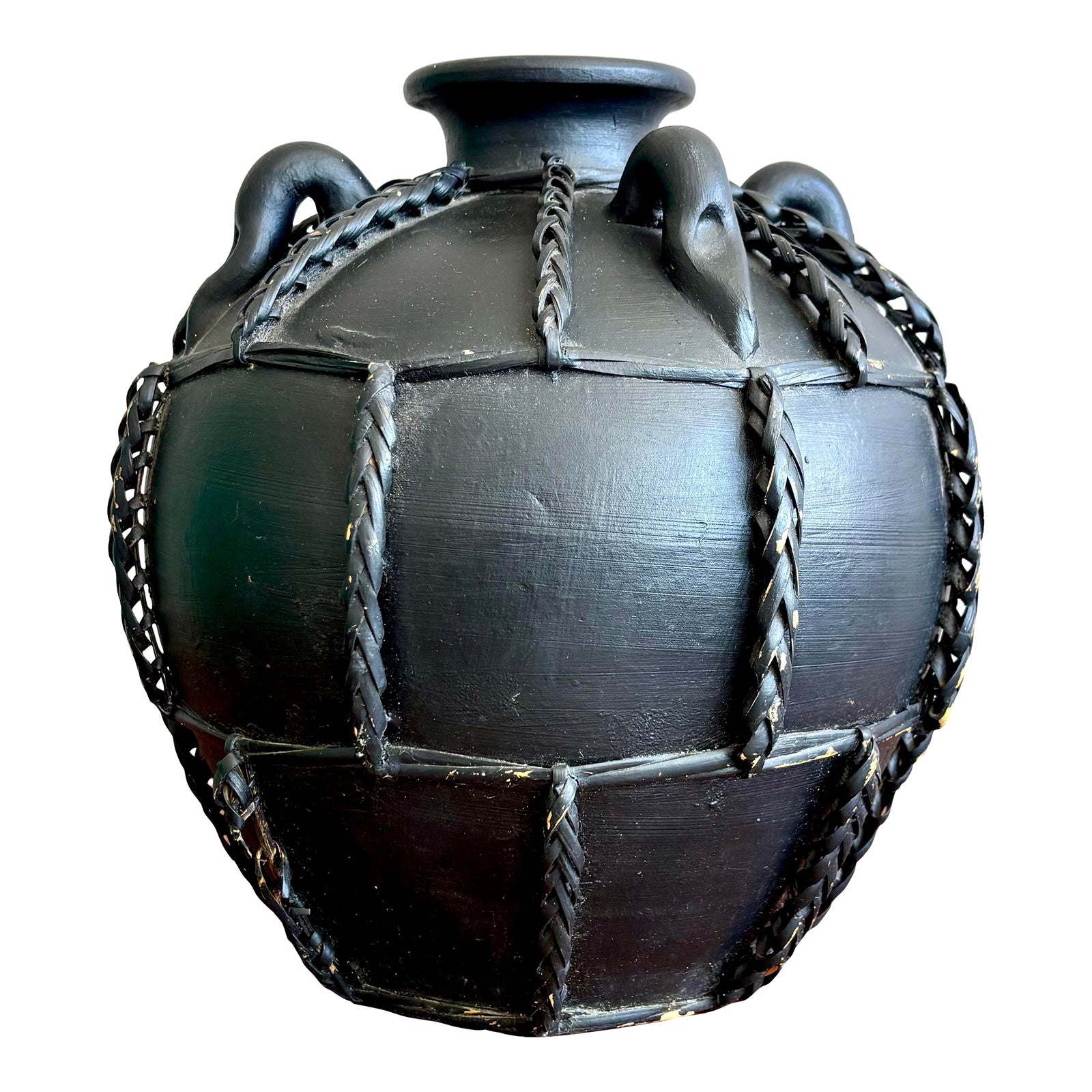 Vintage Boho Braided Rattan Studio Pottery Jug - Detail view