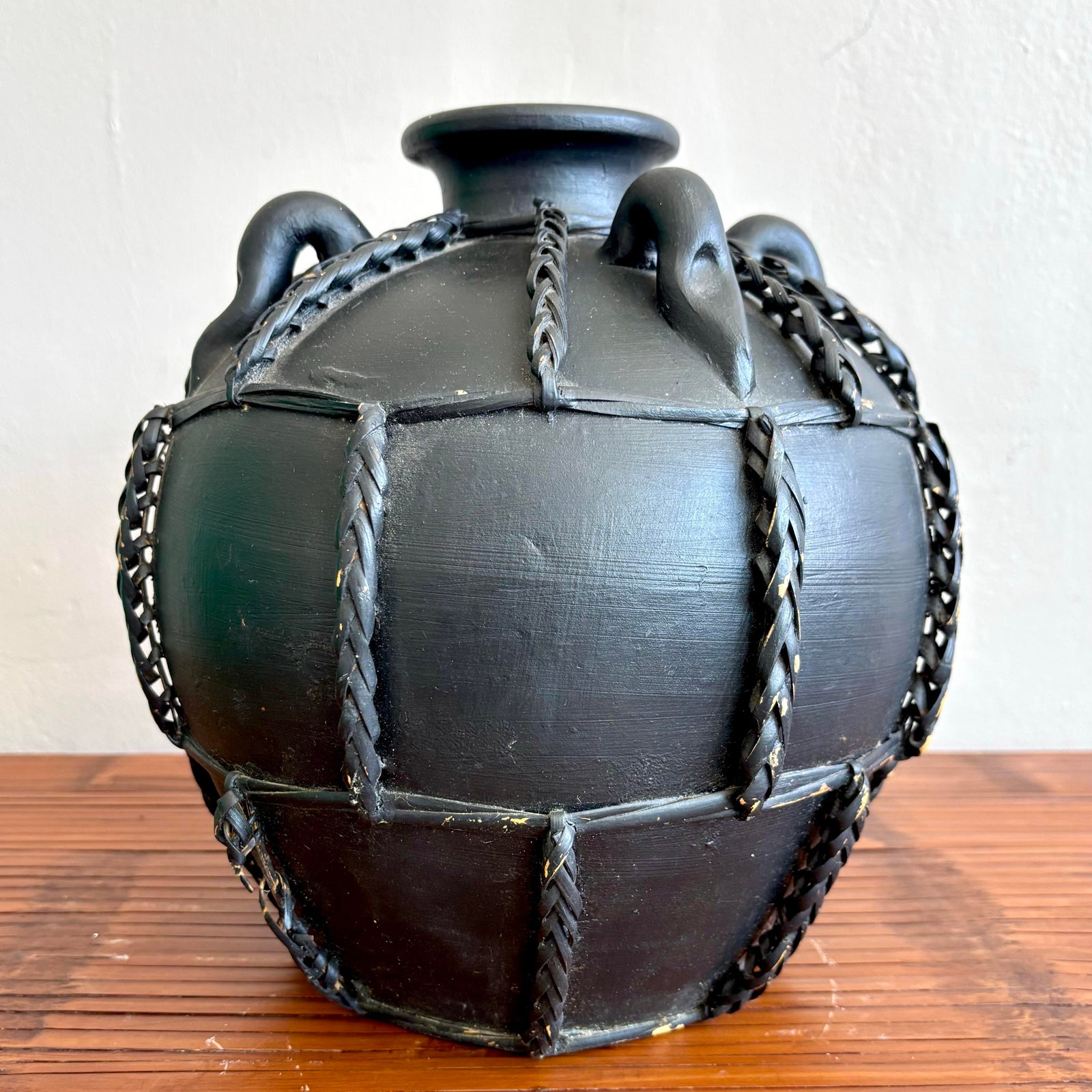 Vintage Boho Braided Rattan Studio Pottery Jug - Top view
