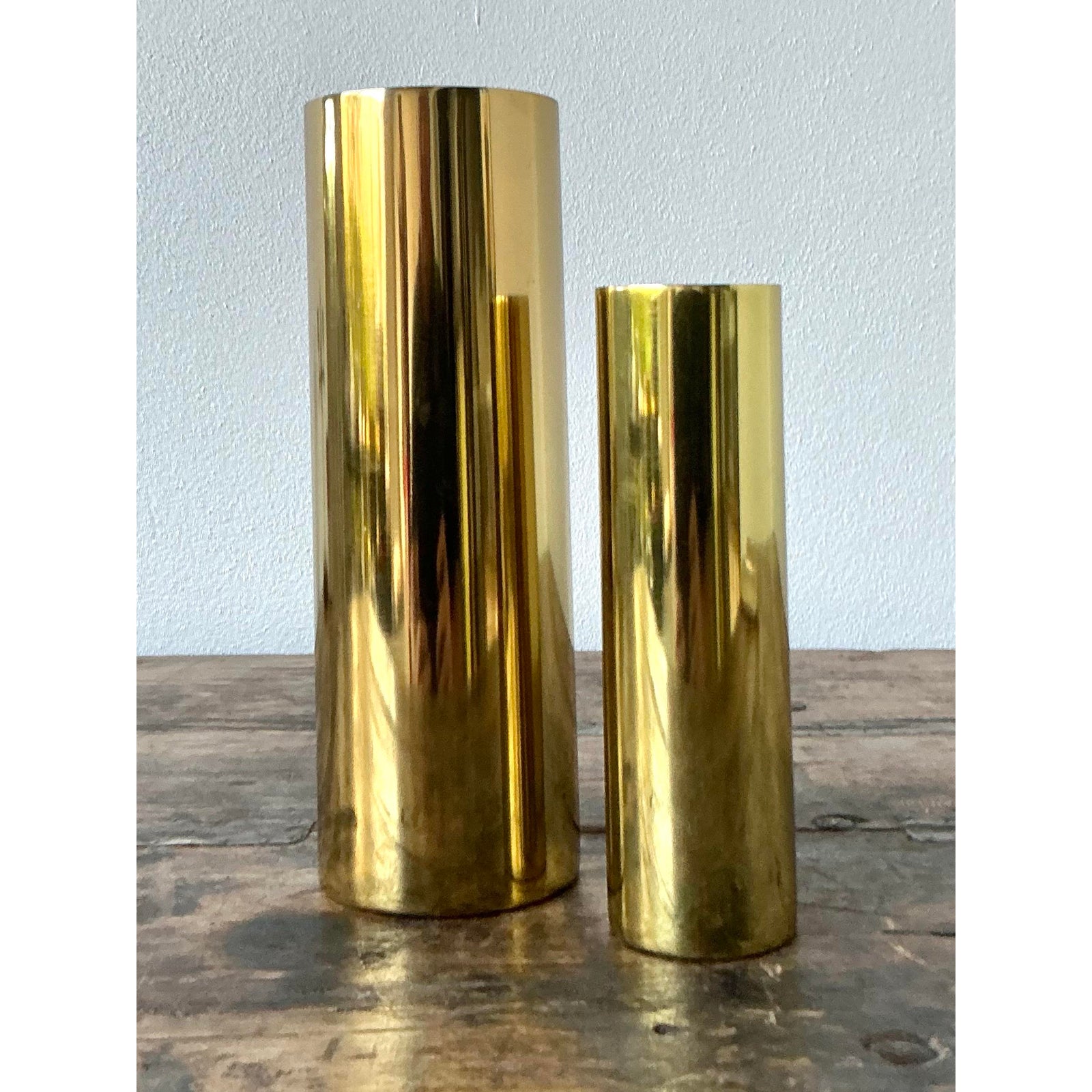 Vintage Boho Brass Cylinder Vases - Set of 2 - Detail view