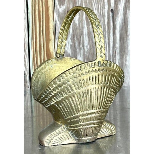 Vintage Boho Brass Shell Basket Vase - Side view