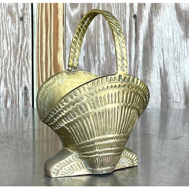 Vintage Boho Brass Shell Basket Vase - Back view