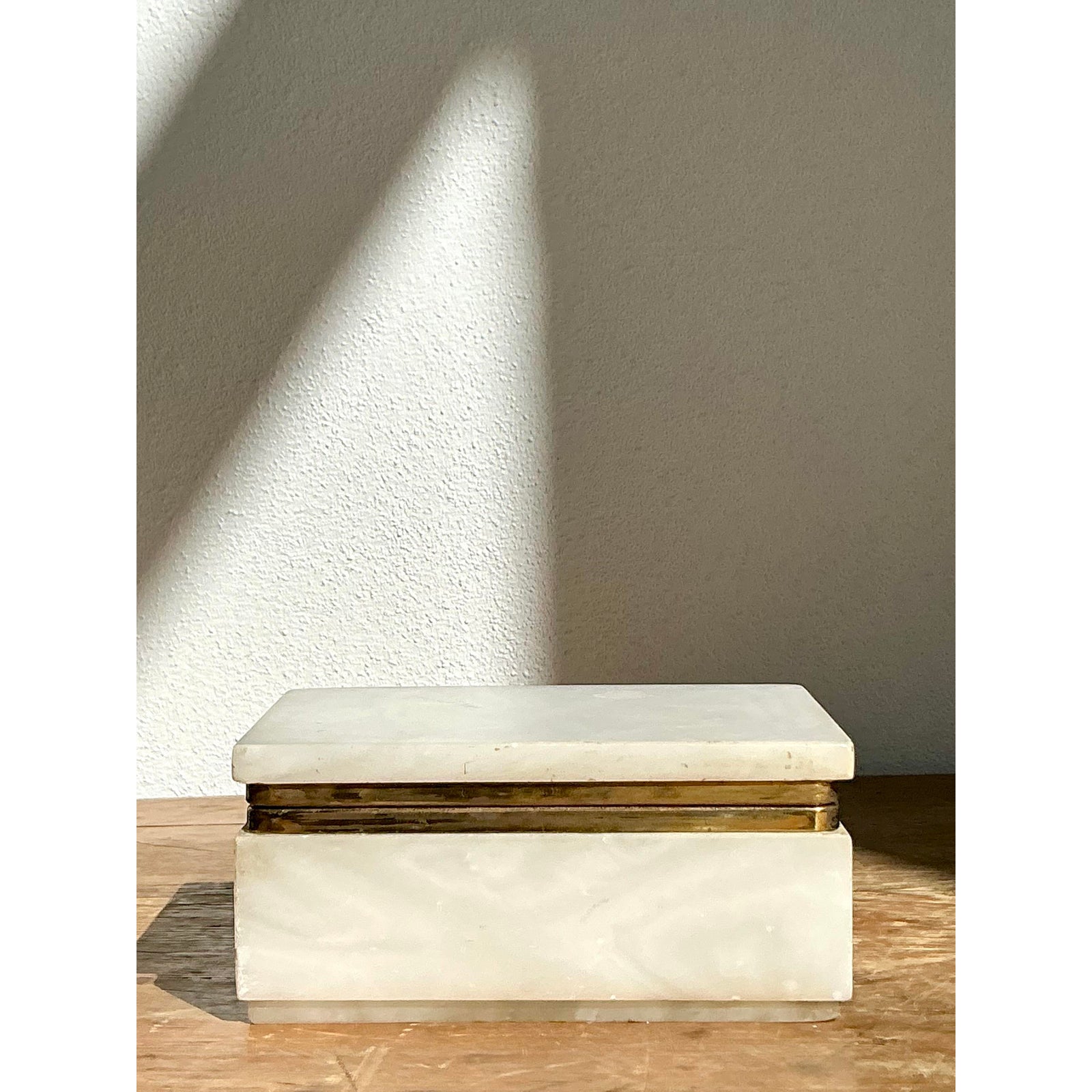 Vintage Boho Brass Trimmed Alabaster Box - Side view