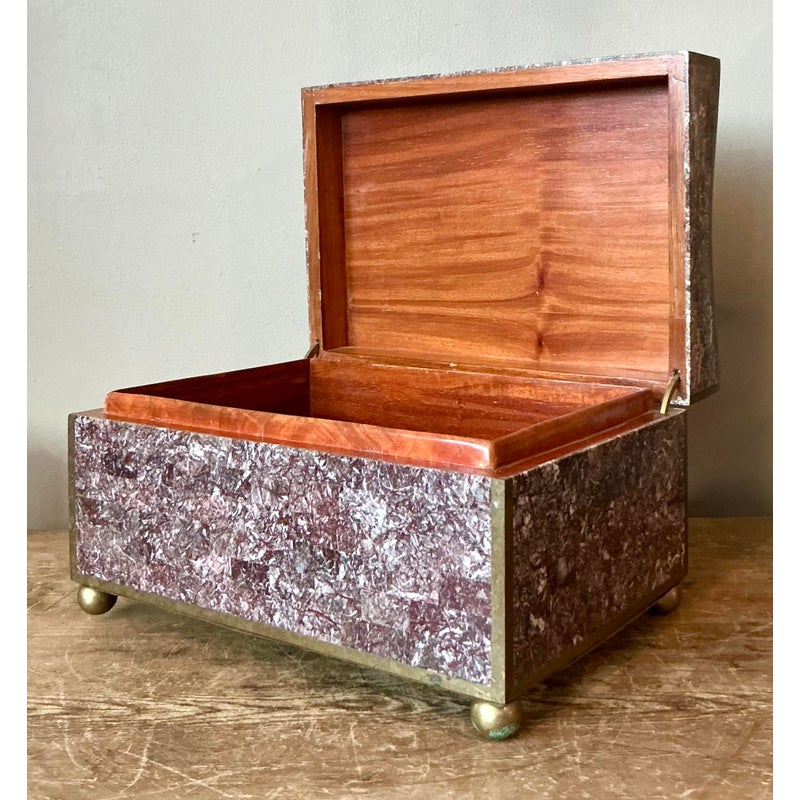 Vintage Boho Brass Trimmed Tessellated Stone Box - Top view