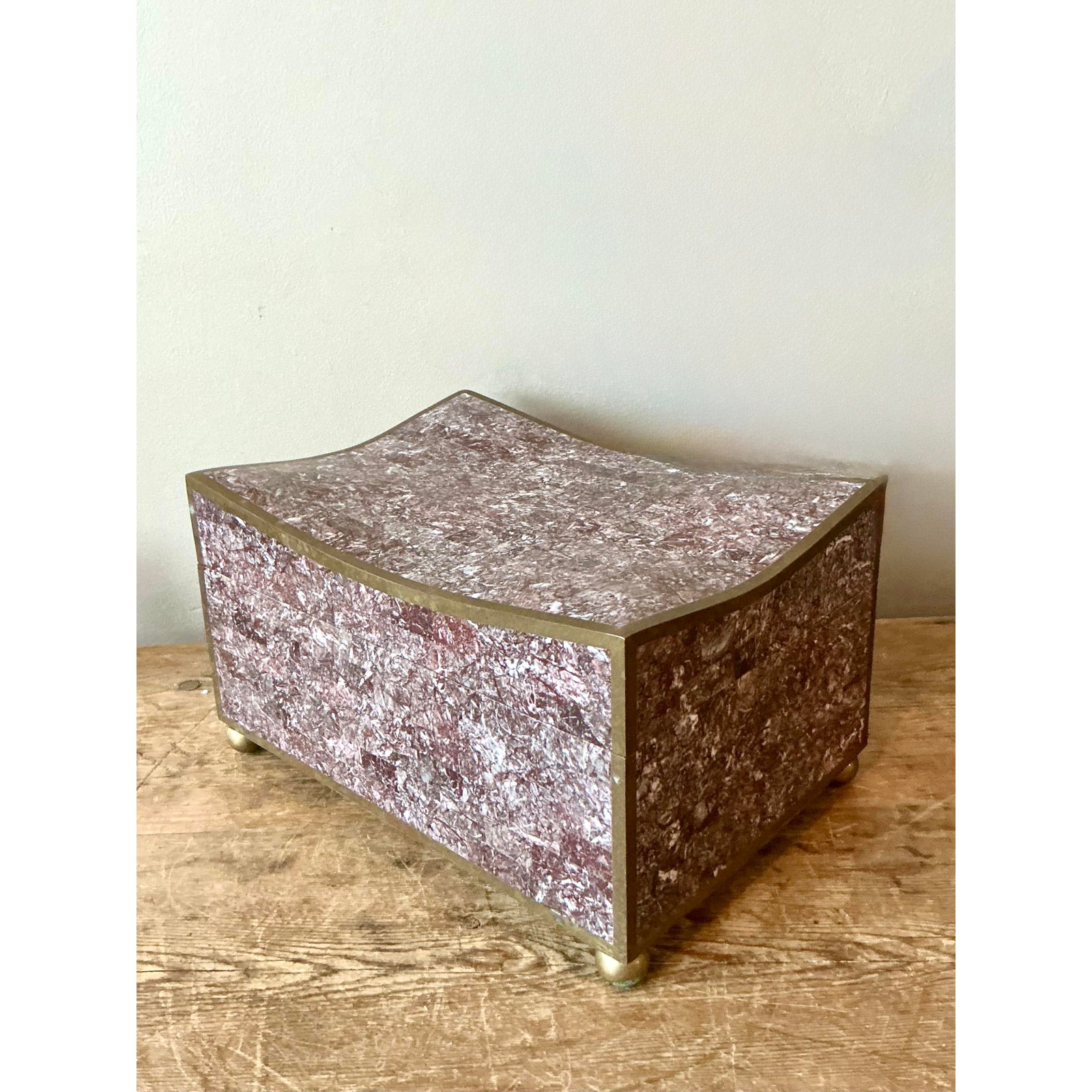 Vintage Boho Brass Trimmed Tessellated Stone Box - Back view