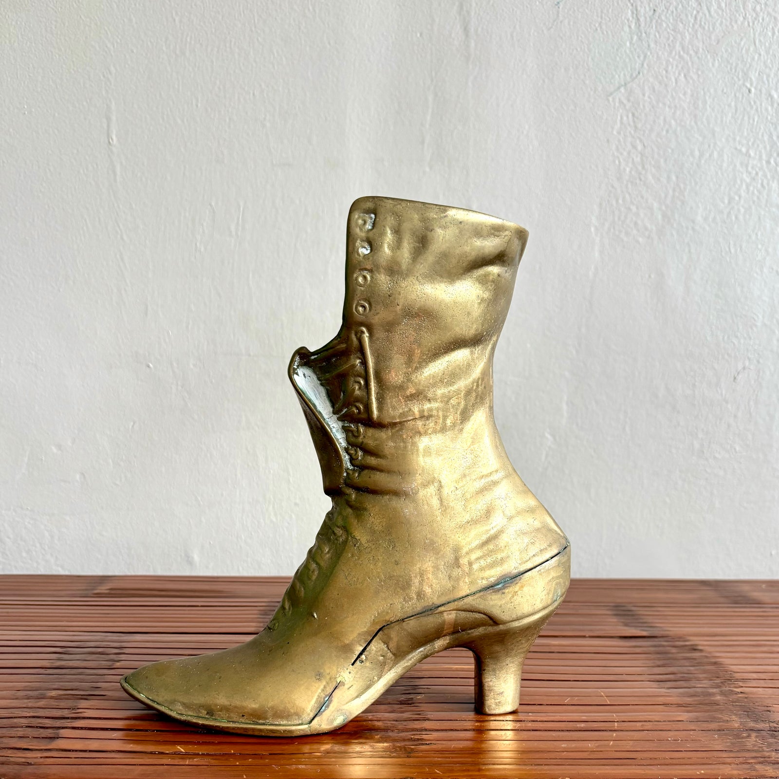 Vintage Boho Brass Victorian Boot Vase - Side view