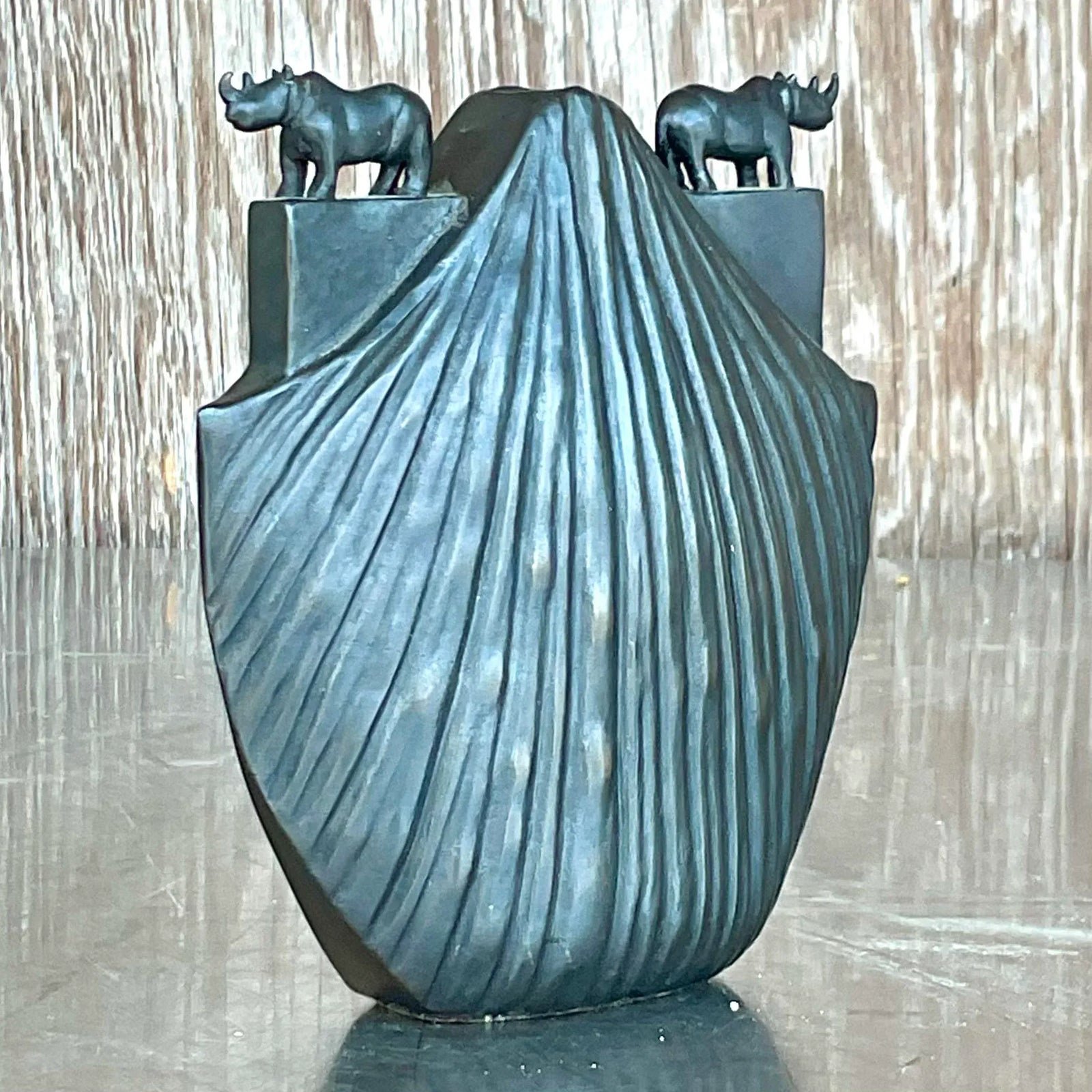 Vintage Boho Bronze Rhino Vase - Detail view