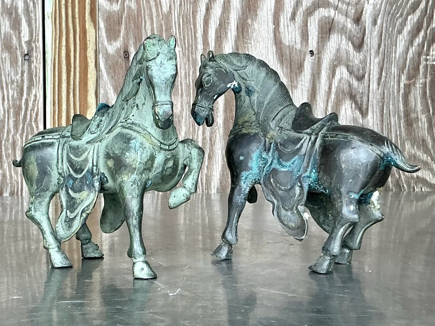 Vintage Boho Bronze Temple Horses - Set of 2 - Side view