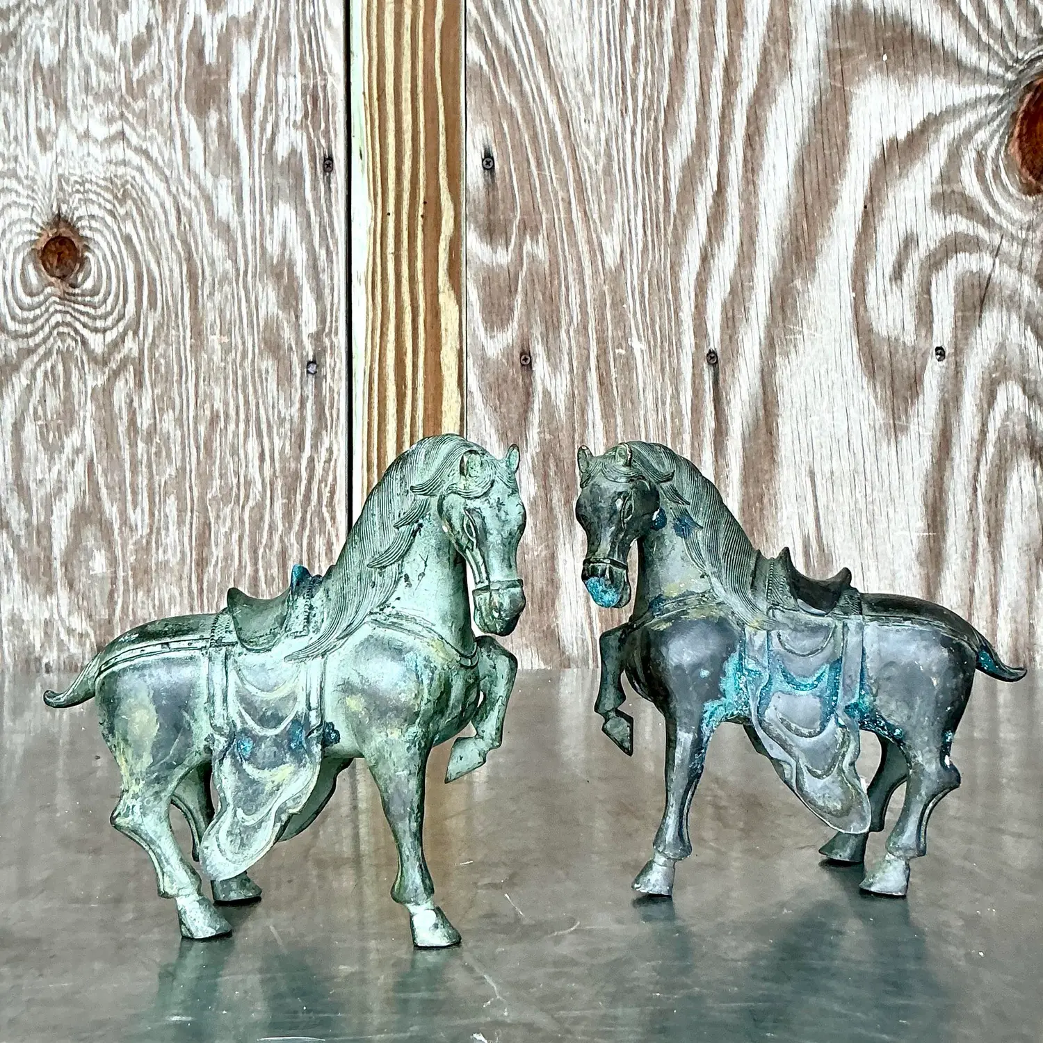 Vintage Boho Bronze Temple Horses - Set of 2 - Back view