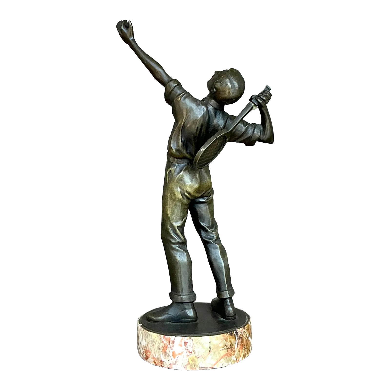 Vintage Boho Bronze Tennis Player Sculpture - Detail view