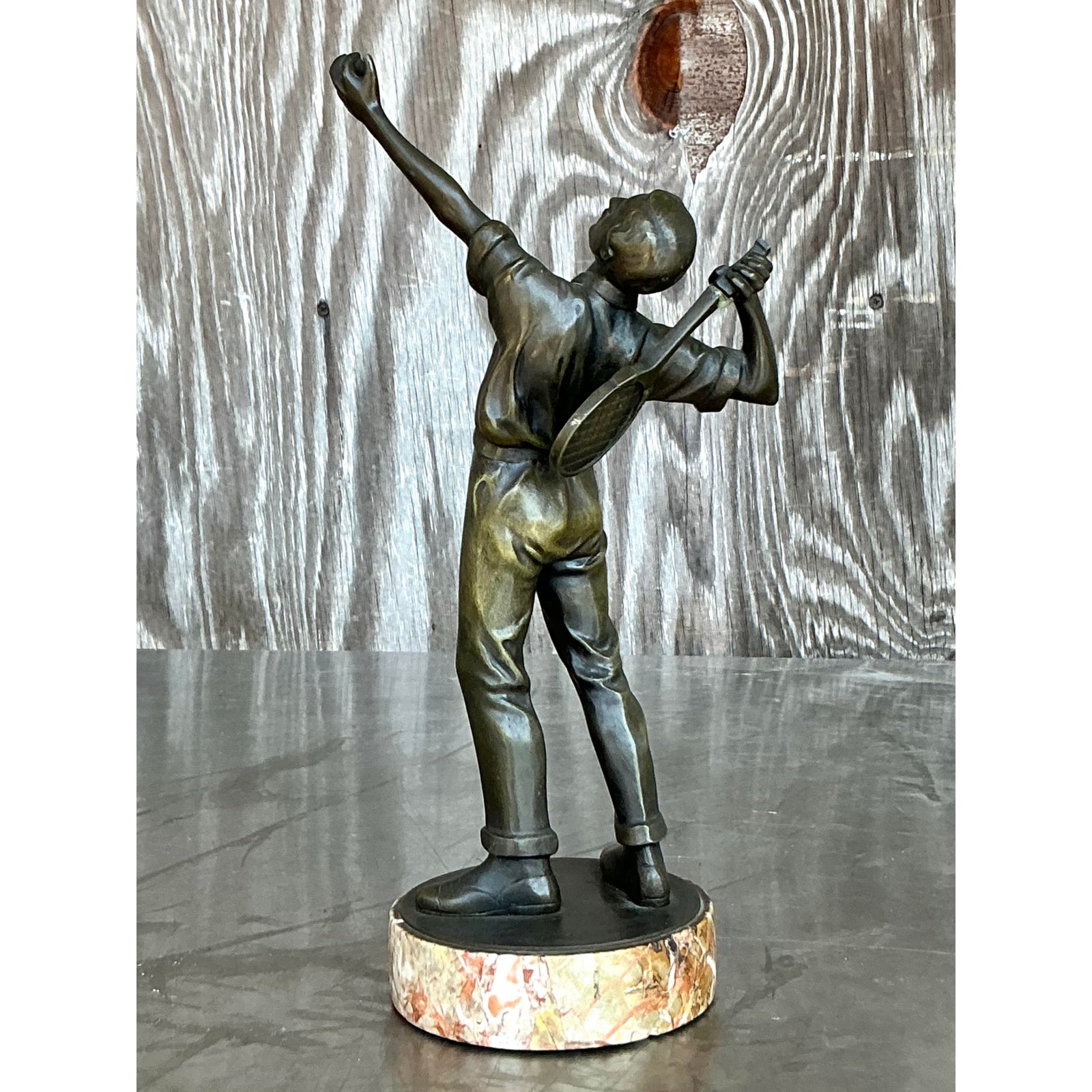 Vintage Boho Bronze Tennis Player Sculpture - Top view