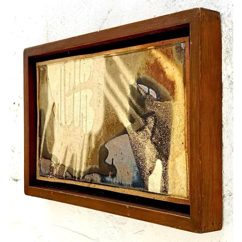 Vintage Boho Brown Abstract Tile in Wooden Frame - Back view