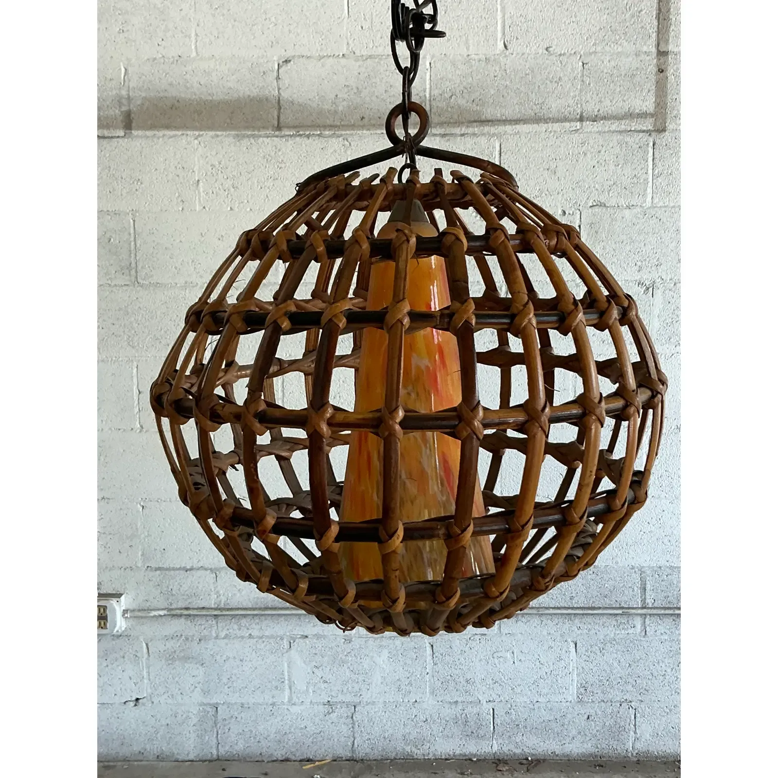 Vintage Boho Cage Rattan and Blown Glass Cone Chandelier - Back view