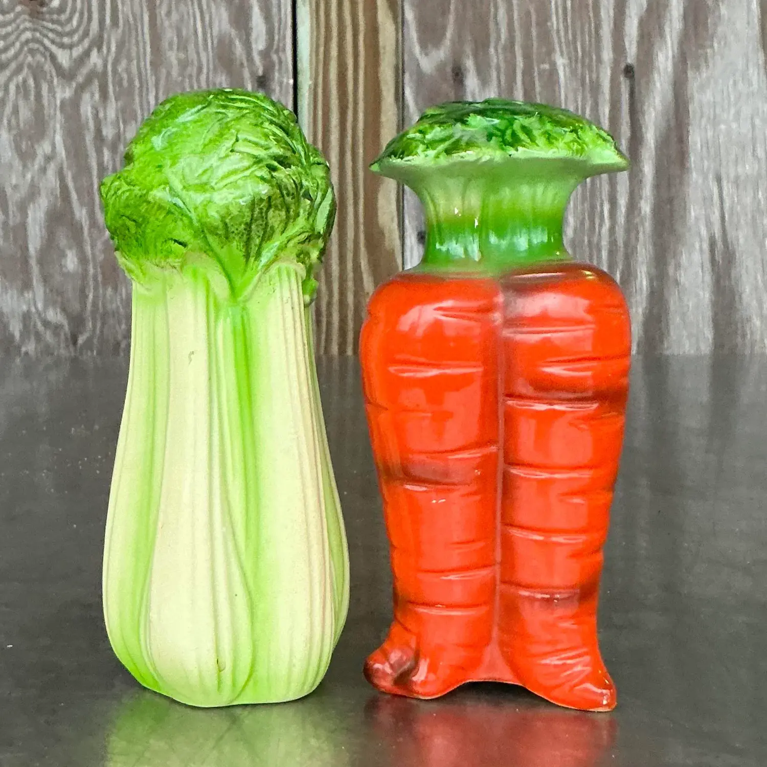 Vintage Boho Carrots and Celery Salt and Pepper Shaker Set - Side view