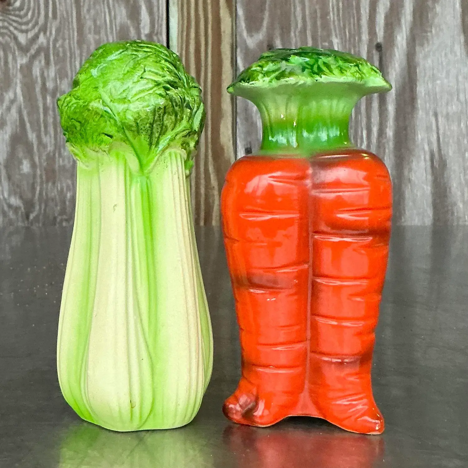 Vintage Boho Carrots and Celery Salt and Pepper Shaker Set - Top view