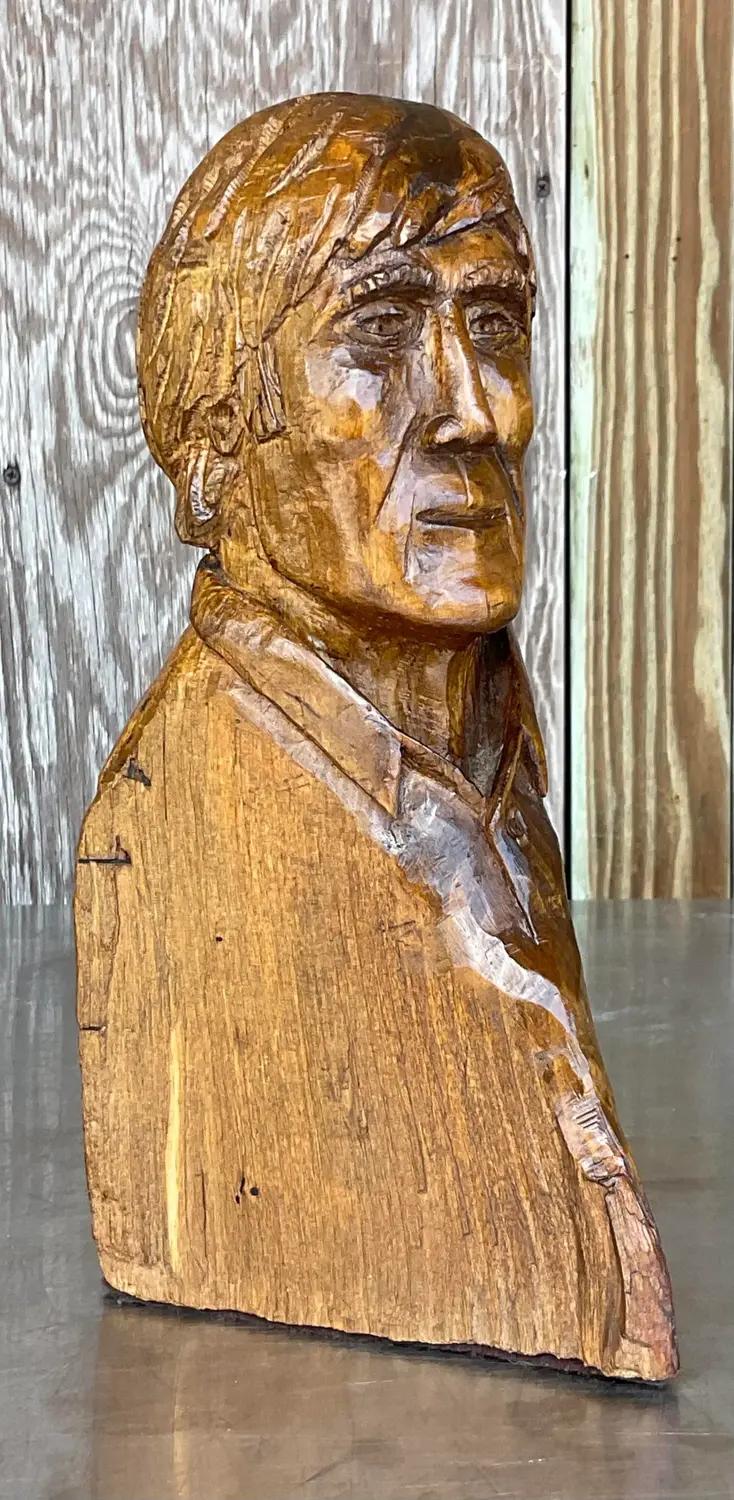 Vintage Boho Carved Bust of Man - Side view