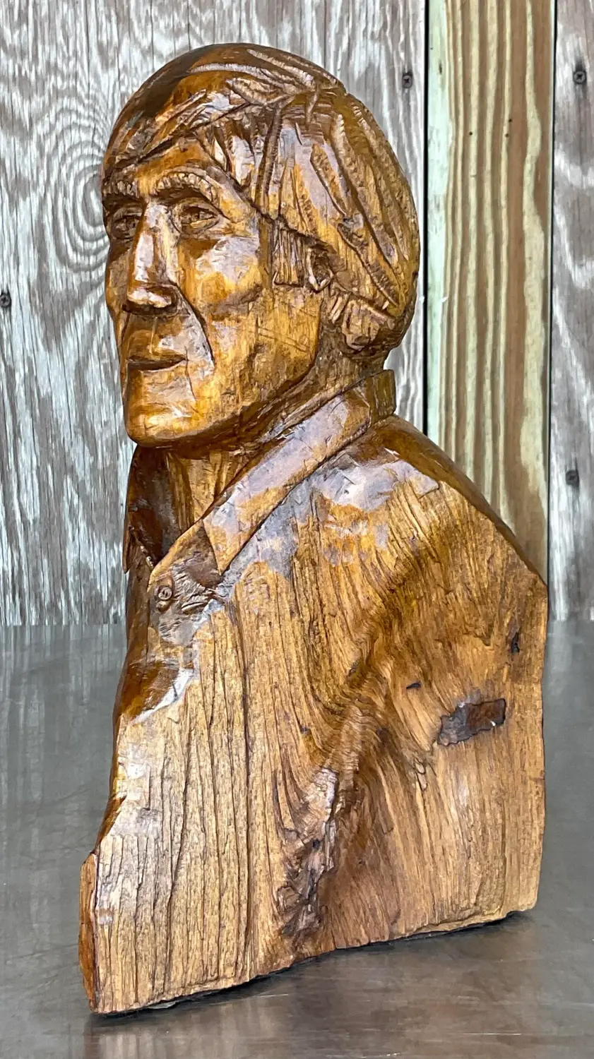 Vintage Boho Carved Bust of Man - Detail view
