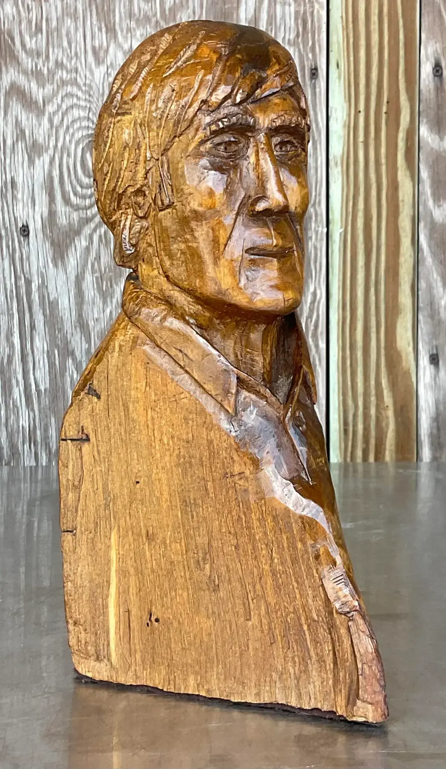 Vintage Boho Carved Bust of Man - Top view