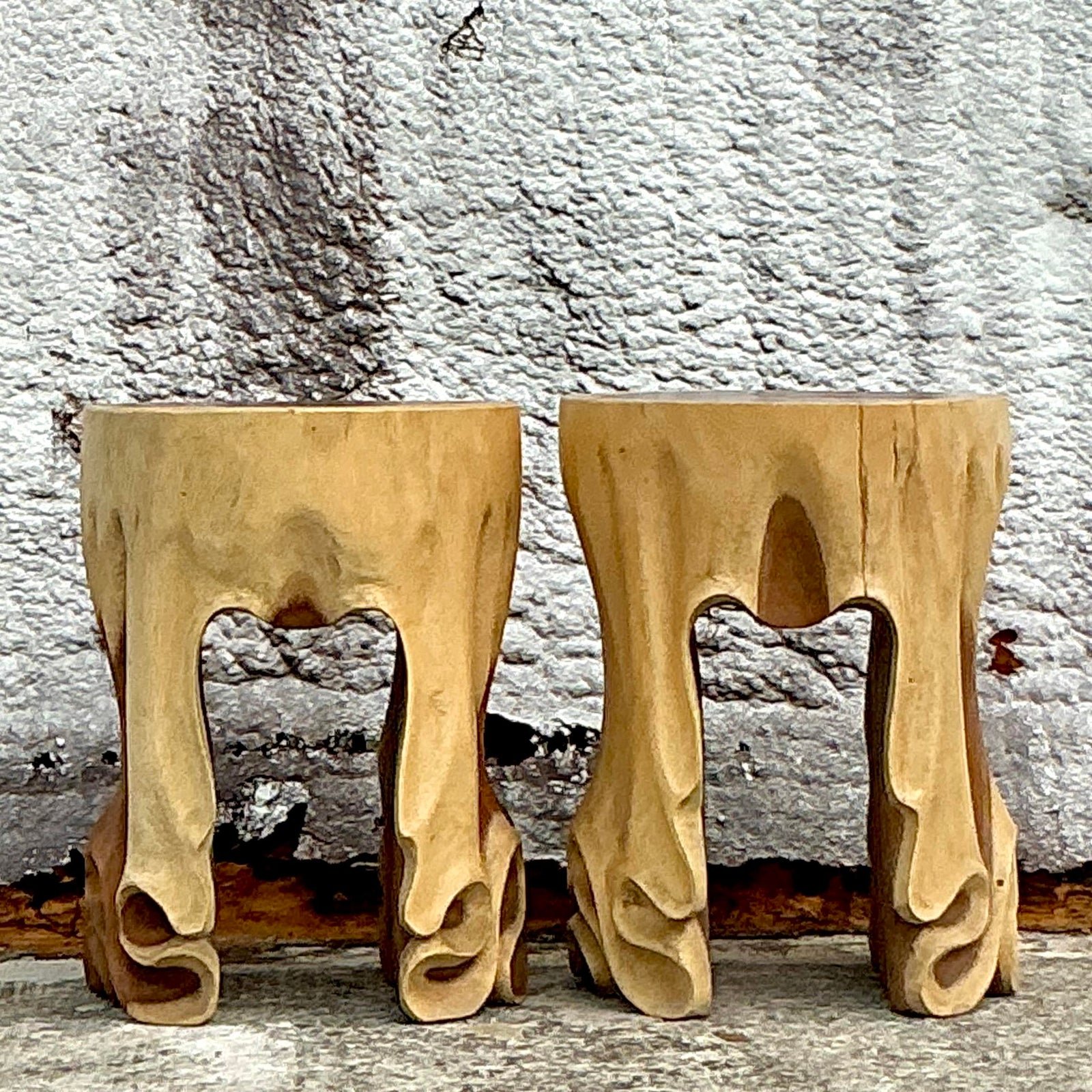 Vintage Boho Carved Drape Low Stools - a Pair - Top view