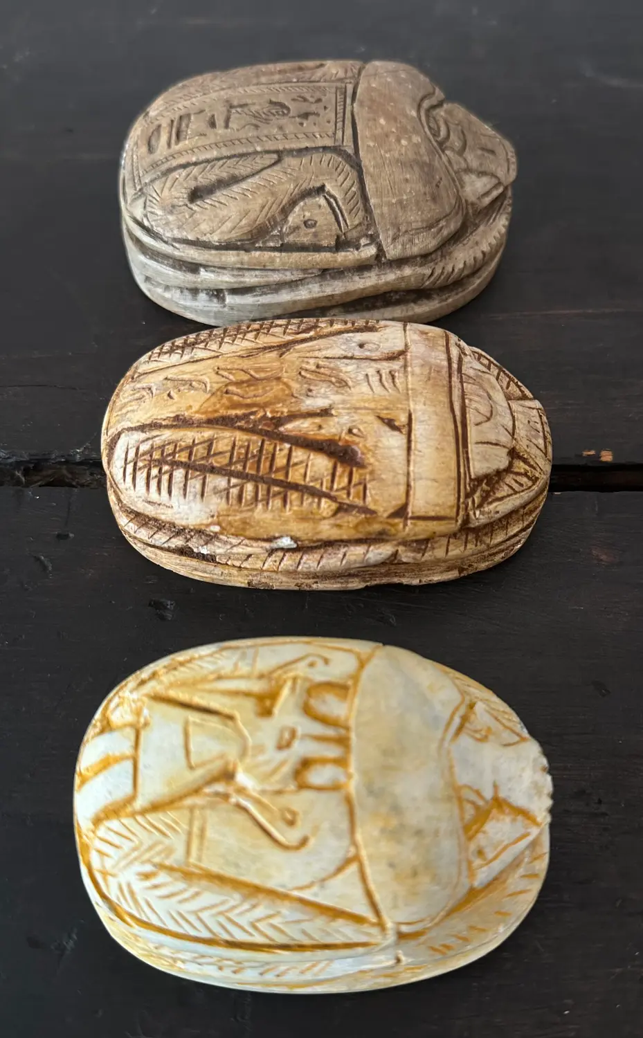 Vintage Boho Carved Egyptian Scarabs - Set of 3 - Side view