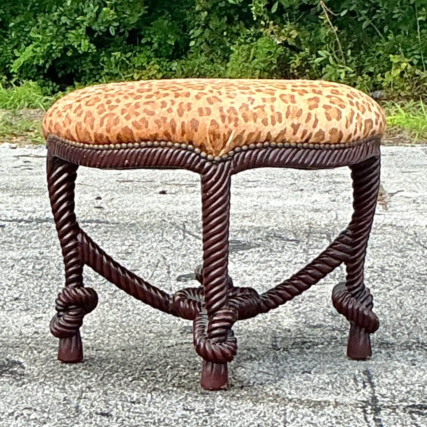 Vintage Boho Carved Knot Low Stool - Side view