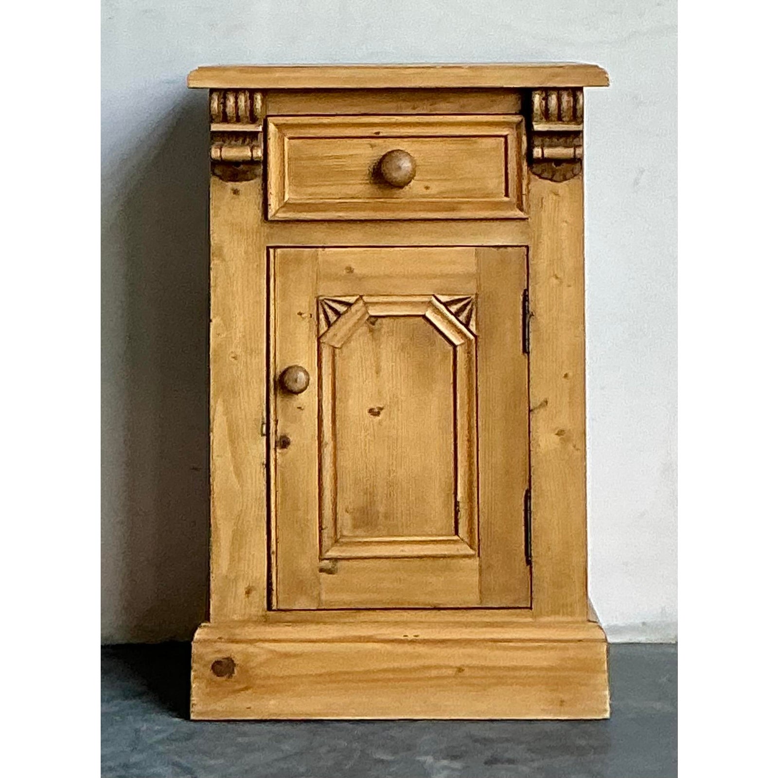 Vintage Boho Carved Knotty Pine Nighstand - Side view